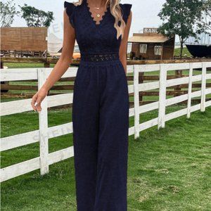 SHEIN VCAY Navy Blue Contrast Lace Ruffle Trim Jumpsuit - XL (US 12)